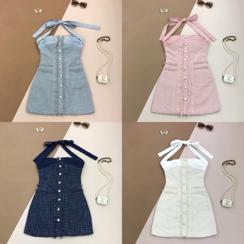 [LISA] A0681 ชุดเดรสกระโปรงคล้องคอแต่งจับจีบช่วงอกผ้าทวิตดีเทลแต่งกระดุมไข่มุกเรียบหรูดูแพงใส่เที่ยว ออกงาน ดินเนอร์