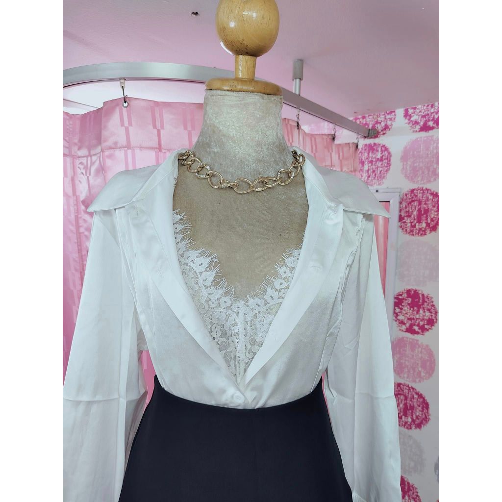 Prissanaเสื้อเชิ๊ตคอปกกระดุมหน้าแขนยาวผ้าเครปซาติน[mf88](satin crepe)มีความเรียบหรูเป็นเงามันวาวนุ่ม