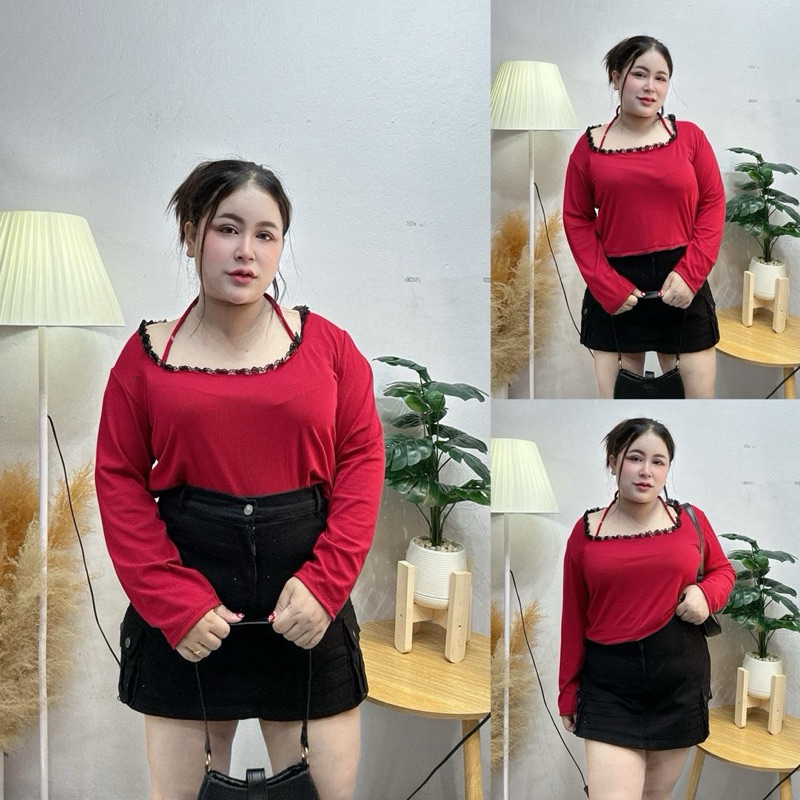 K59 เสื้อครอป Y2K งานแต่งลูกไม้ มีสายคล้องคอ “ อก 34-44 ”