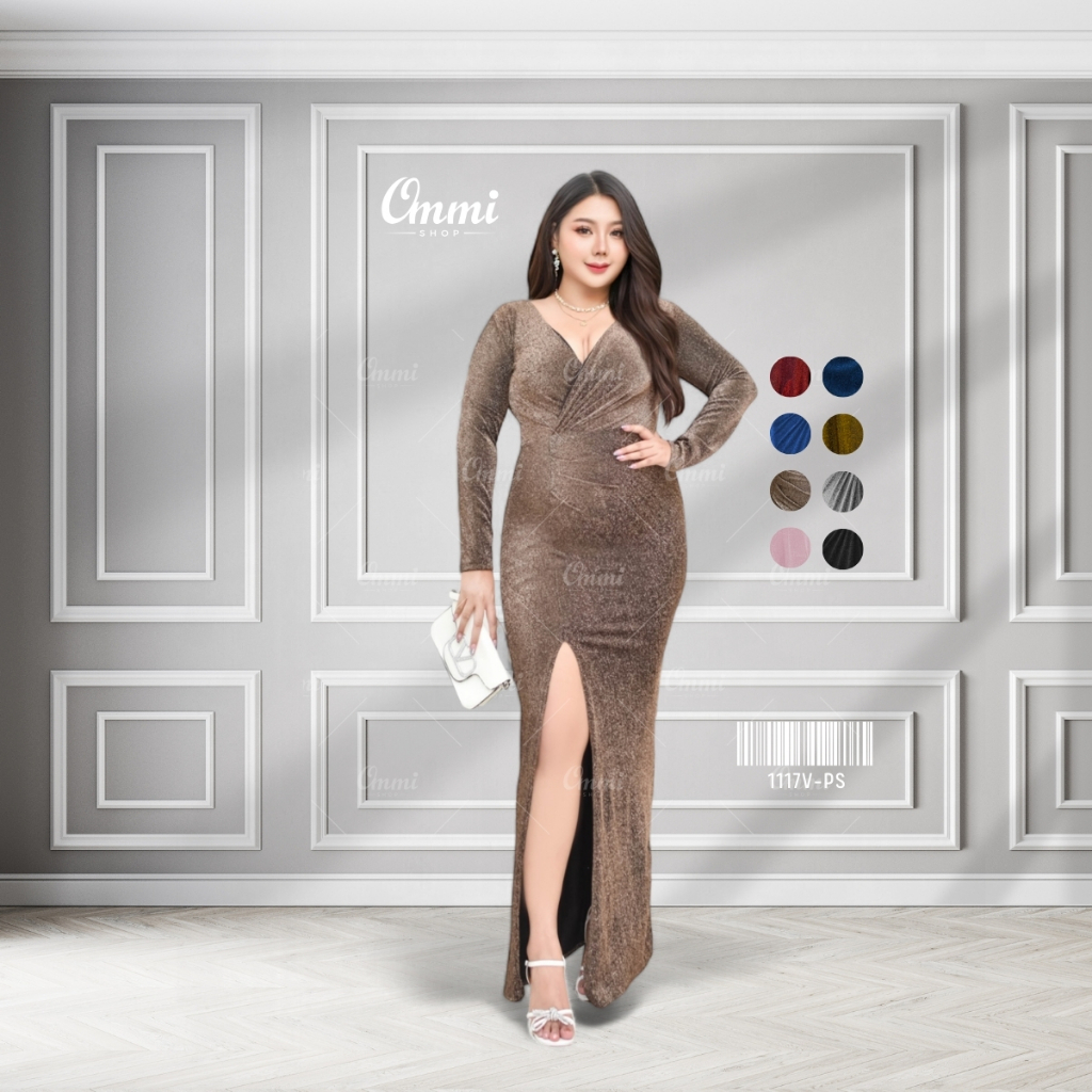 Ommishop ชุดราตรี 1117V-PS แขนยาว คอวีลึกตรง ผ้า Glitter เดรสออกงาน ชุดงานแต่ง เพื่อนเจ้าสาว เดรสสาวอวบ Plus Size