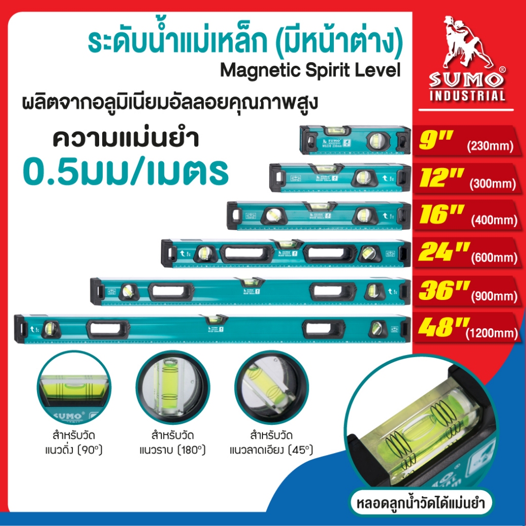 ระดับน้ำ วัดระดับน้ำแม่เหล็ก SUMO ความแม่นยำของหลอดลูกน้ำ 0.5มม/เมตร มีหลอดลูกน้ำวัดแนวราบ แนวดิ่ง