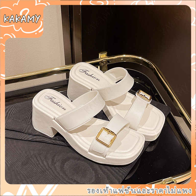 KAKAMY รองเท้าแตะ หนัง Pu ส้นกลาง ทรงสี่เหลี่ยม สีพื้น แบบเรียบง่าย สไตล์เกาหลี สําหรับผู้หญิง