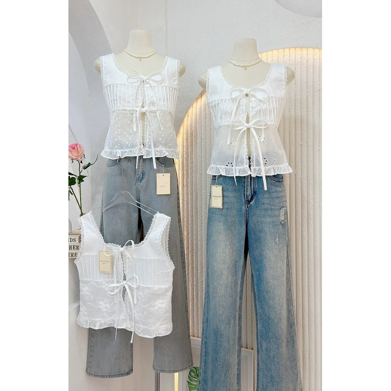 NN604 เสื้อกล้ามผูกโบว์อก ผ้าปักฉลุ ตีเกล็ดอก Peekanong