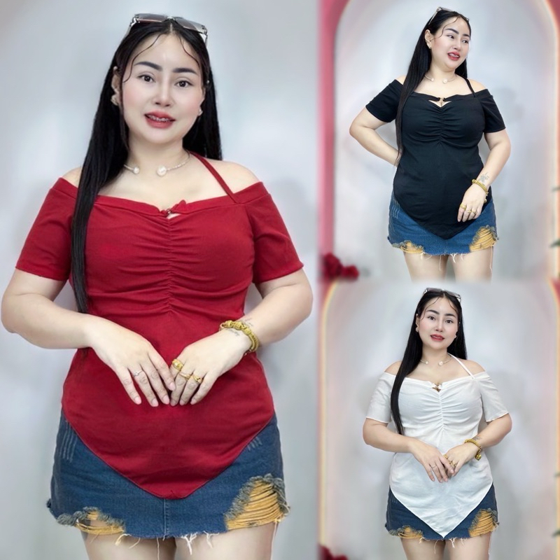 เสื้อสาวอวบ*ปอแฟชั่น*อก38-46 ยาว33 ส่วนที่ยาวสุด รุ่นคิมเบอร์รี่ชายแหลมแขนสั้น