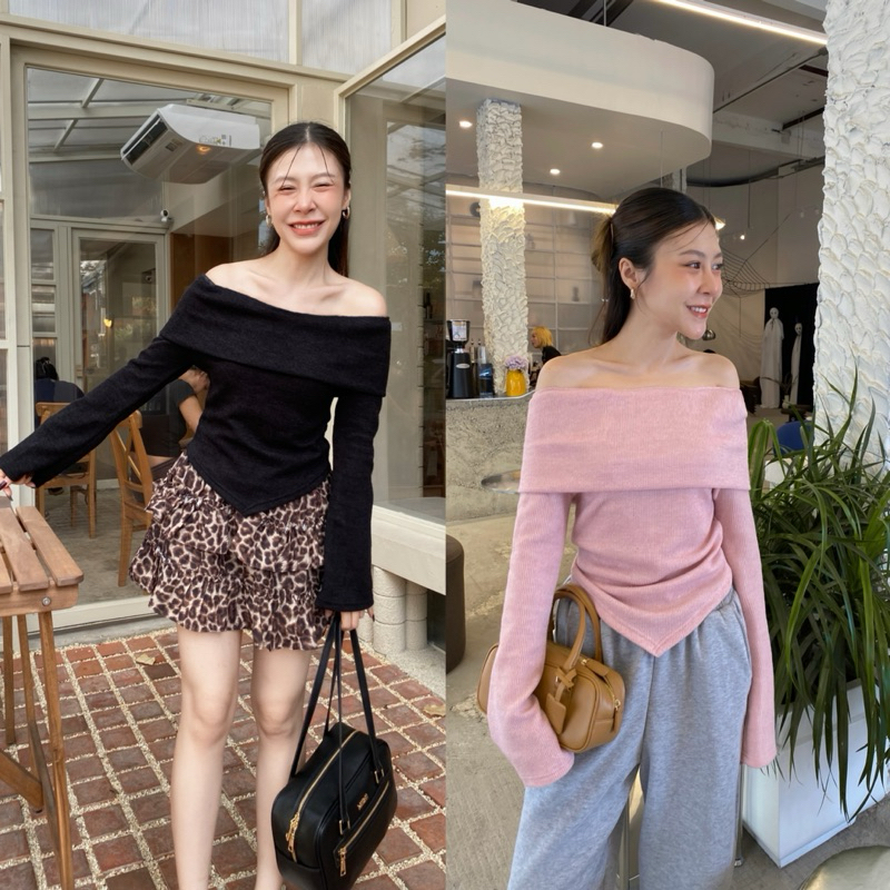 STOERY - Baby Top เสื้อไหมพรหมสีชมพูนม และสีดำ เปิดไหล่