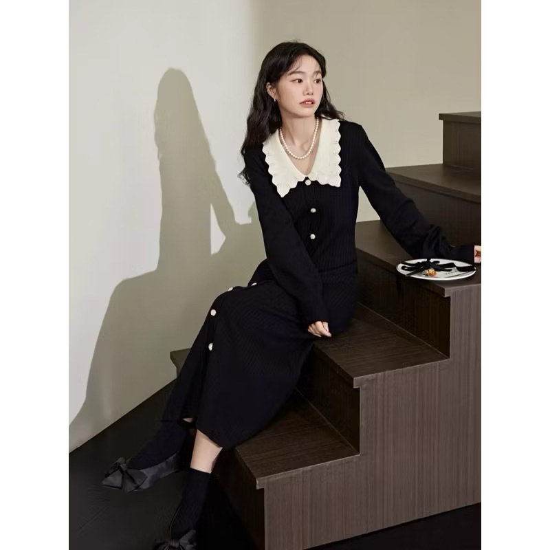 เดรสยาวไหมพรม  Premium Knit Dress แบรนด์ KOUSE ไชส์ S ใส่เที่ยวต่างประเทศได้ กันหนาวได้ ยังไม่เคยใส่