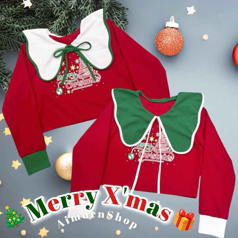 🔥aimorn_shop🔥ต้อนรับ Merry Christmas คอปกบัวแต่งกุ๊นขอบสีสกรีนMerry christmas งานใส่น่ารักมากๆ