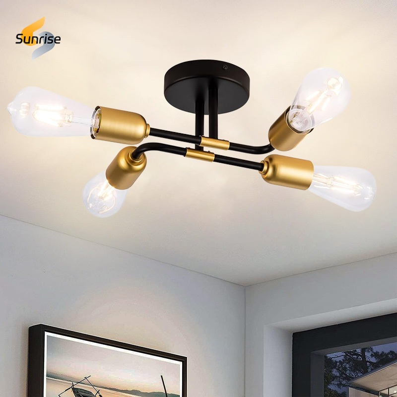 โคมไฟเพดานแบบฝังกึ่งฝัง โคมระย้า Sputnik 4 ดวง โคมไฟเพดานแบบ Mid Century สีดำและสีทอง สำหรับห้องทานอาหาร ห้องนั่งเล่น