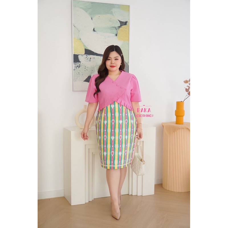 ชุดผ้าไทยสาวอวบชุดใส่ทำงานออกงานอัดผ้ากาวทั้งชุด(36ช)-PakaClothing