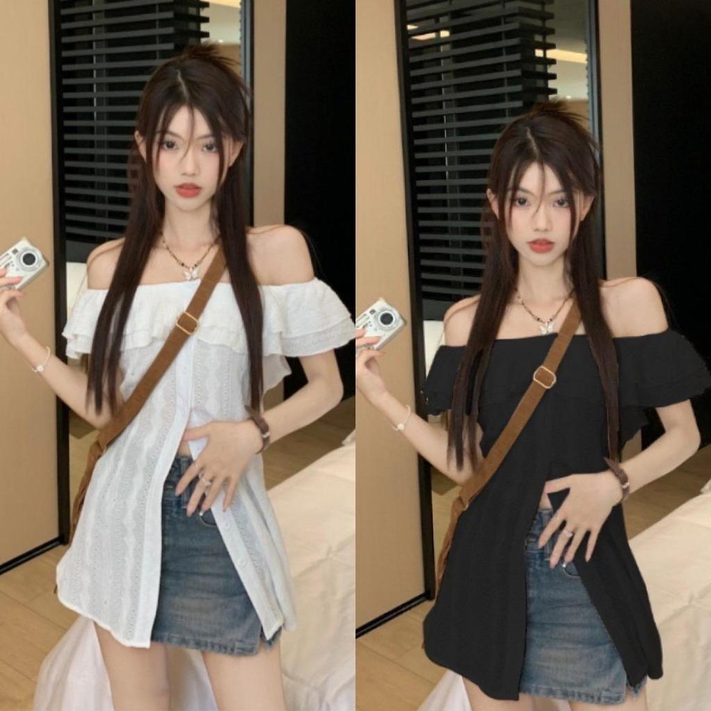 เสื้อปาไหล่สาวอวบลูกไม้ฉลุ