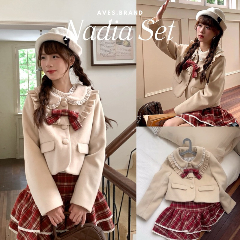 AVES.BRAND NADIA SET ชุดเซ็ตเสื้อครอปสีครีม กระโปรงลายสก๊อต