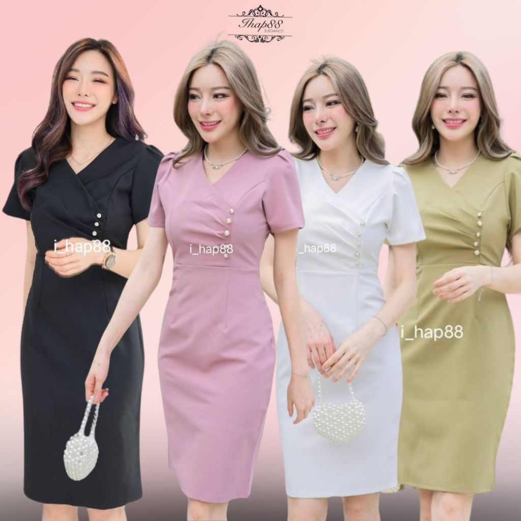 H43 ชุดเดรสทำงาน สไตล์เรียบหรู สีพื้น ขนาด S M L XL 2XL ไซส์ 32 34 36 38 40