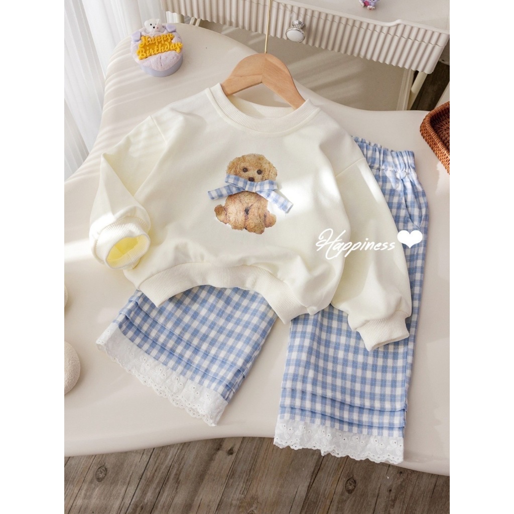 ✅พร้อมส่ง ชุดเซตลูกสาว นุ้งหมา เสื้อแต่งโบว์+กางเกงสก๊อตแต่งชายระบายลูกไม้ น่ารักมาก