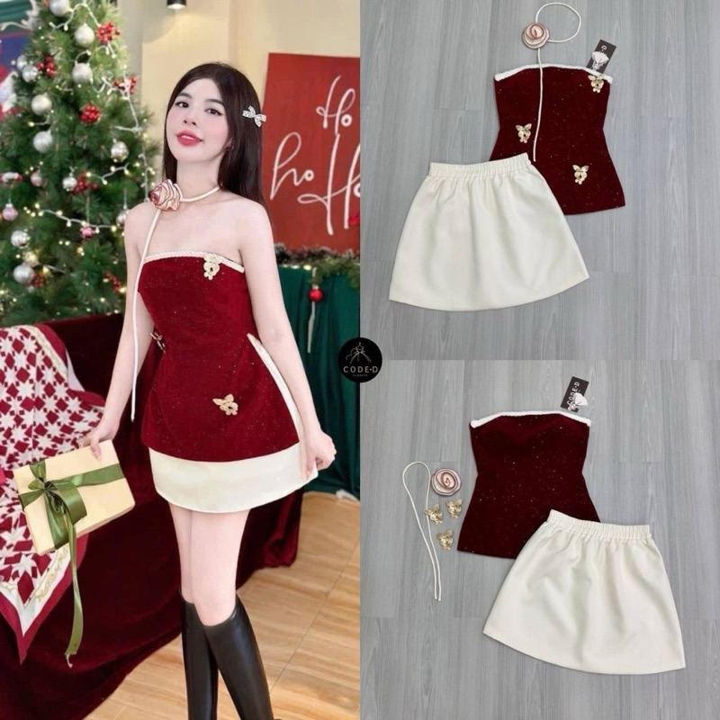 CODE-D CLOSETS : Set 2 ชิ้น เสื้อเกาะอกสีแดงเนื้อผ้ากำมะหยี่มีกลิตเตอร์ แต่งขอบอกด้วยสายถักเปียขาว ต