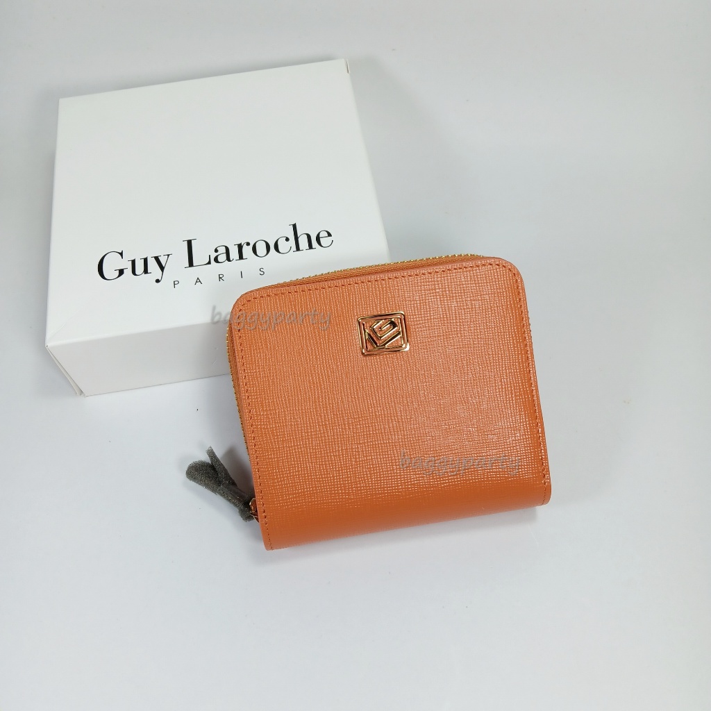 Guy Laroche แท้!! กระเป๋าสตางค์ผู้หญิงใบสั้น ซิปรอบประกบ สีส้ม หนังลาย หนังแท้ อะไหล๋สีทอง