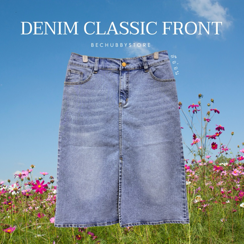 “2002 Denim classic front” กระโปรงยีนส์ผ่าหน้าแต่งลายเส้นสุดชิค ทรงเก๋มากกก ความยาวขนาด 5 ส่วน