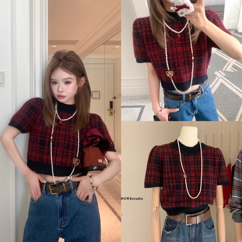 เสื้อครอปคอวีแขนสั้นรุ่น 3068 TAG WG.WE🇰🇷