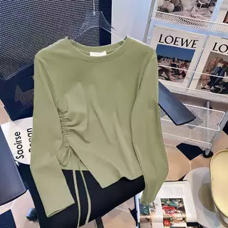 เสื้อยืดแขนยาวสีพื้น แต่งปลายเสื้อสามเหลี่ยม เอวข้างผูกโบว์ได้ สไตล์เกาหลี ผ้านุ่มสวมใส่สบายรุ่น-227