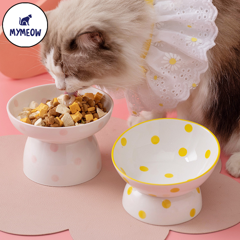 MYMEOW ชามแมวลายจุด ชามเซรามิคทรงขาสูง ปกป้องกระดูกสันหลัง ชามแมวเอียง ชามเซรามิคทำความสะอาดง่าย