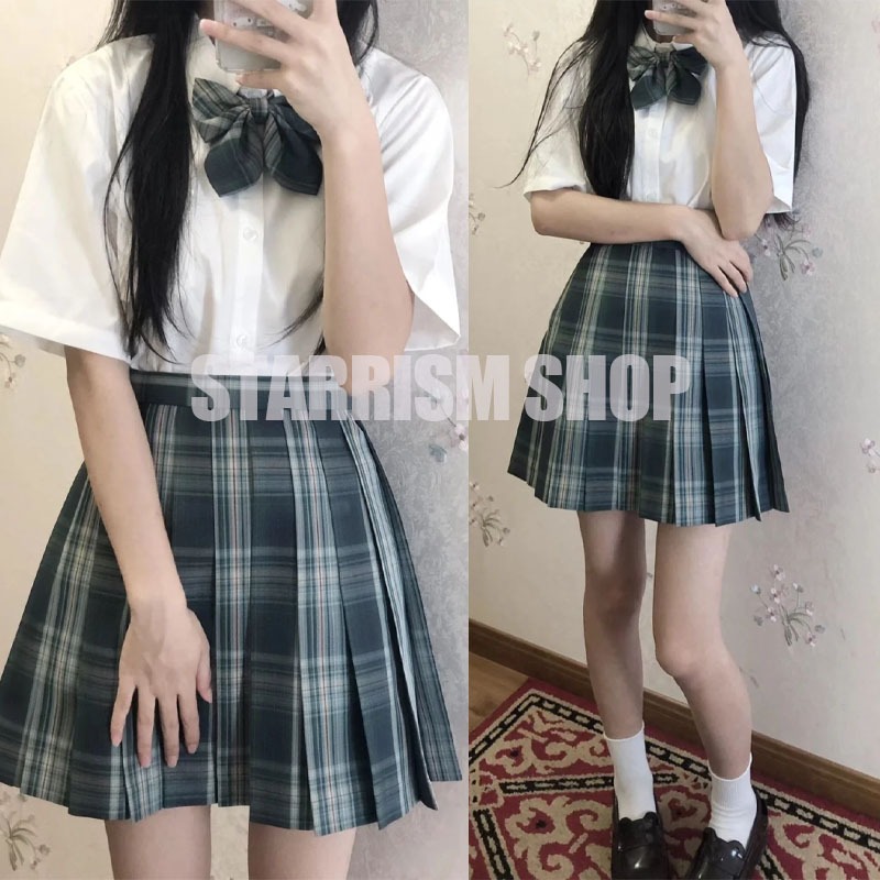 สีเขียว กระโปรงลายสก๊อต XS-3XL กระโปรงพลีทนักศึกษา ชุดเครื่องแบบ JK เสื้อเซิต ชุดนักเรียน