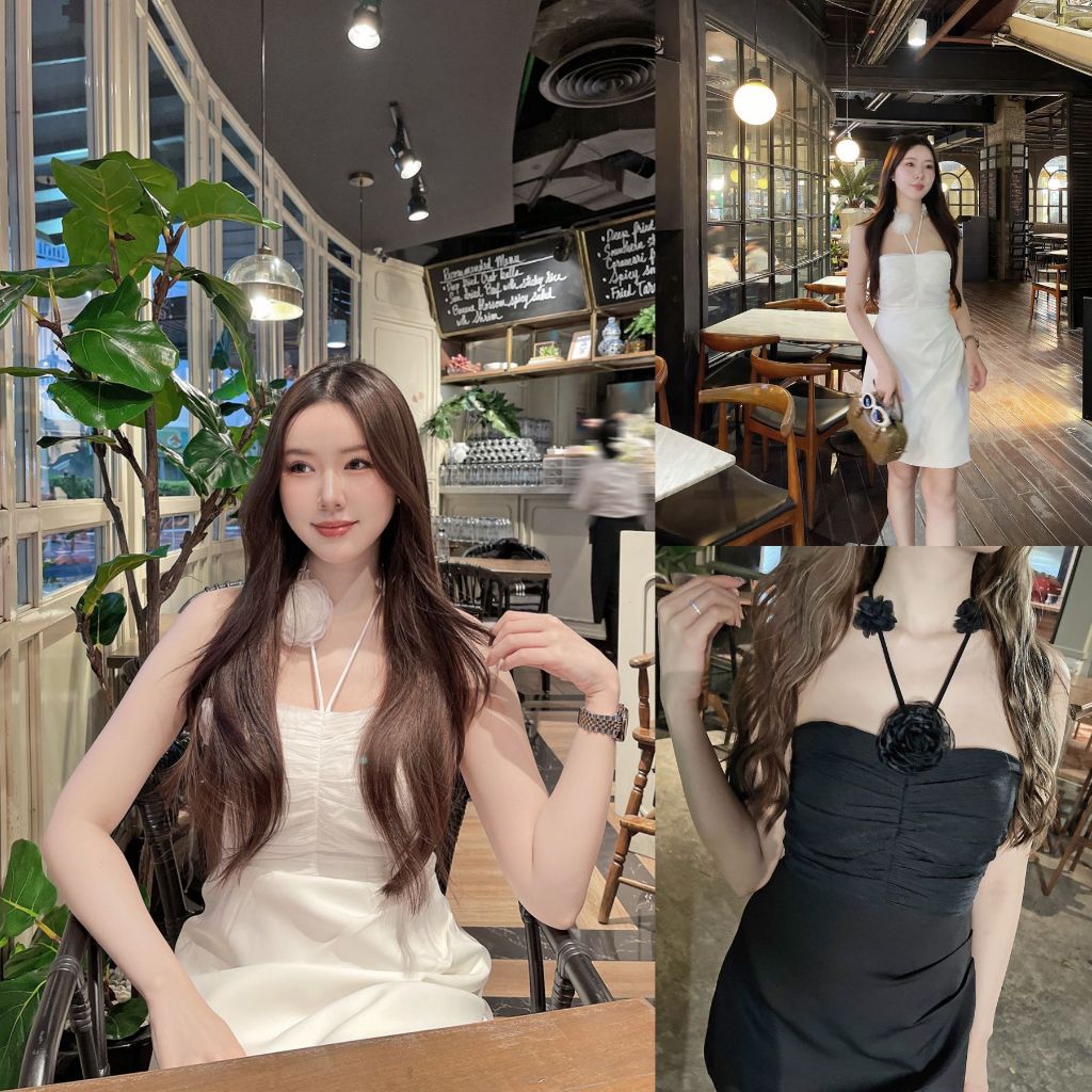 ขาว/ดำ SLYQ FLOWER DRAPED TUBE DRESS เดรสสั้นเกาะอกมีสายผูกแต่งดอกไม้
