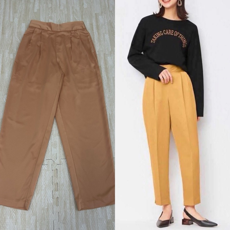 กางเกง GU ทรงสอบ ผ้าซาติน🍀S,M🍀สีส้มพาสเทล แบบสวม เอวหลังสม็อค มีซับใน