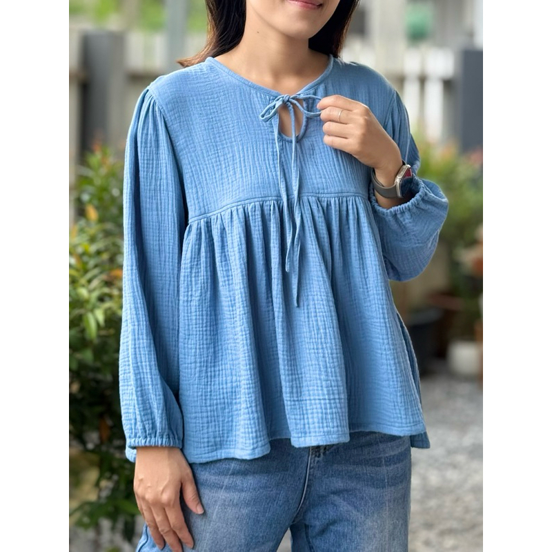 เสื้อผูกโบว์หน้า Loose Organic Blouse | Muslin Double Gauze Blouse | Bohemian blouse | Cotton muslin top|