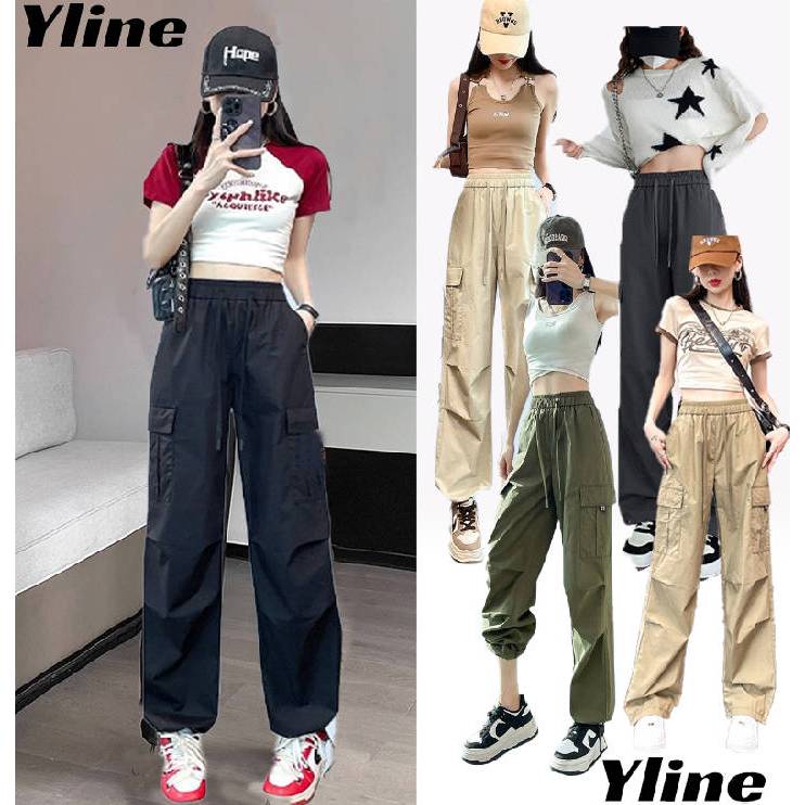 🔥 พร้อมส่ง🔥Yline ชุดเอี๊ยมกระเป๋าหลายกระเป๋าอเมริกัน กางเกงขากว้าง เอวยางยืด มี 5 สี