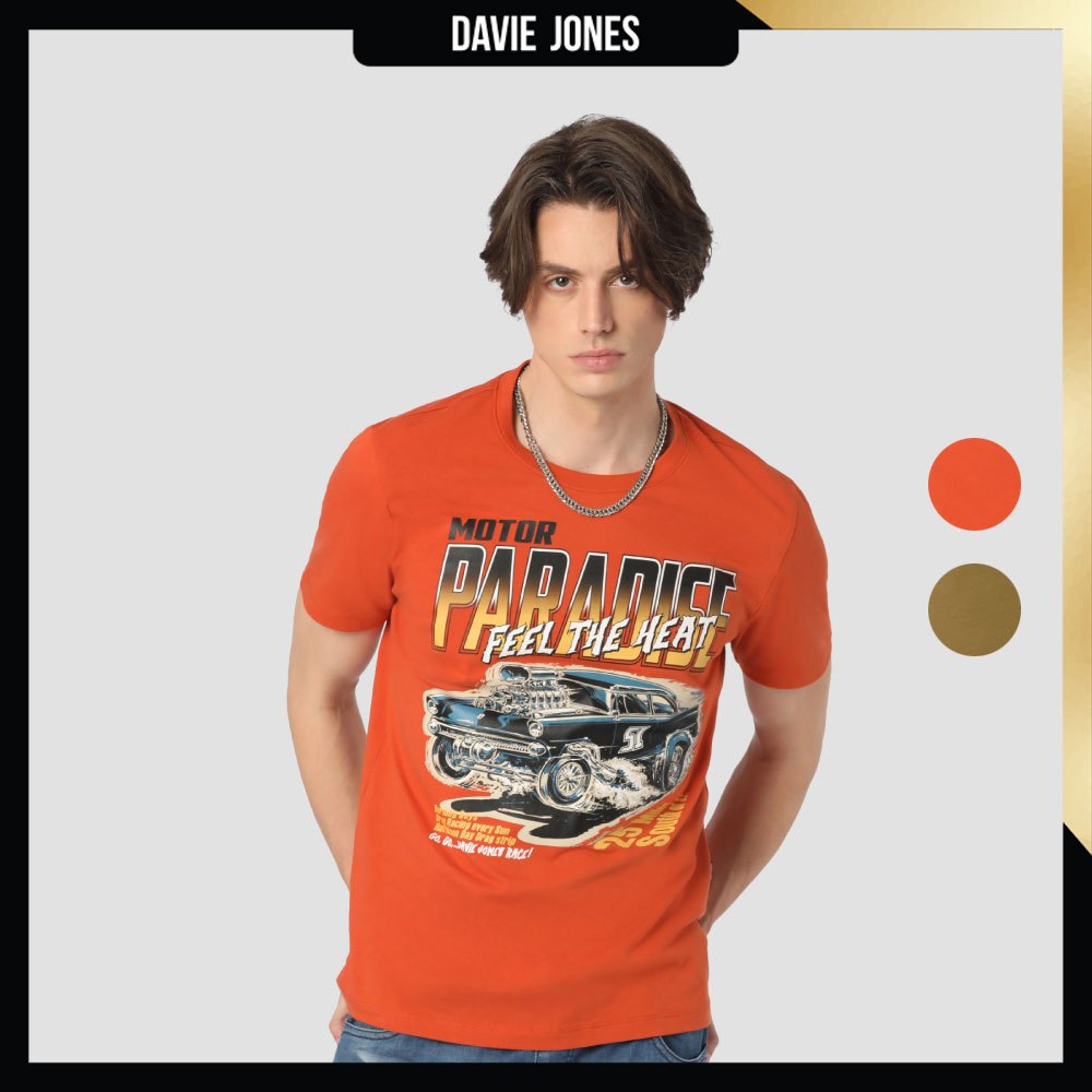 DAVIE JONES เสื้อยืด พิมพ์ลาย Graphic Slim Fit T-Shirt WA0208 สีส้ม น้ำตาล