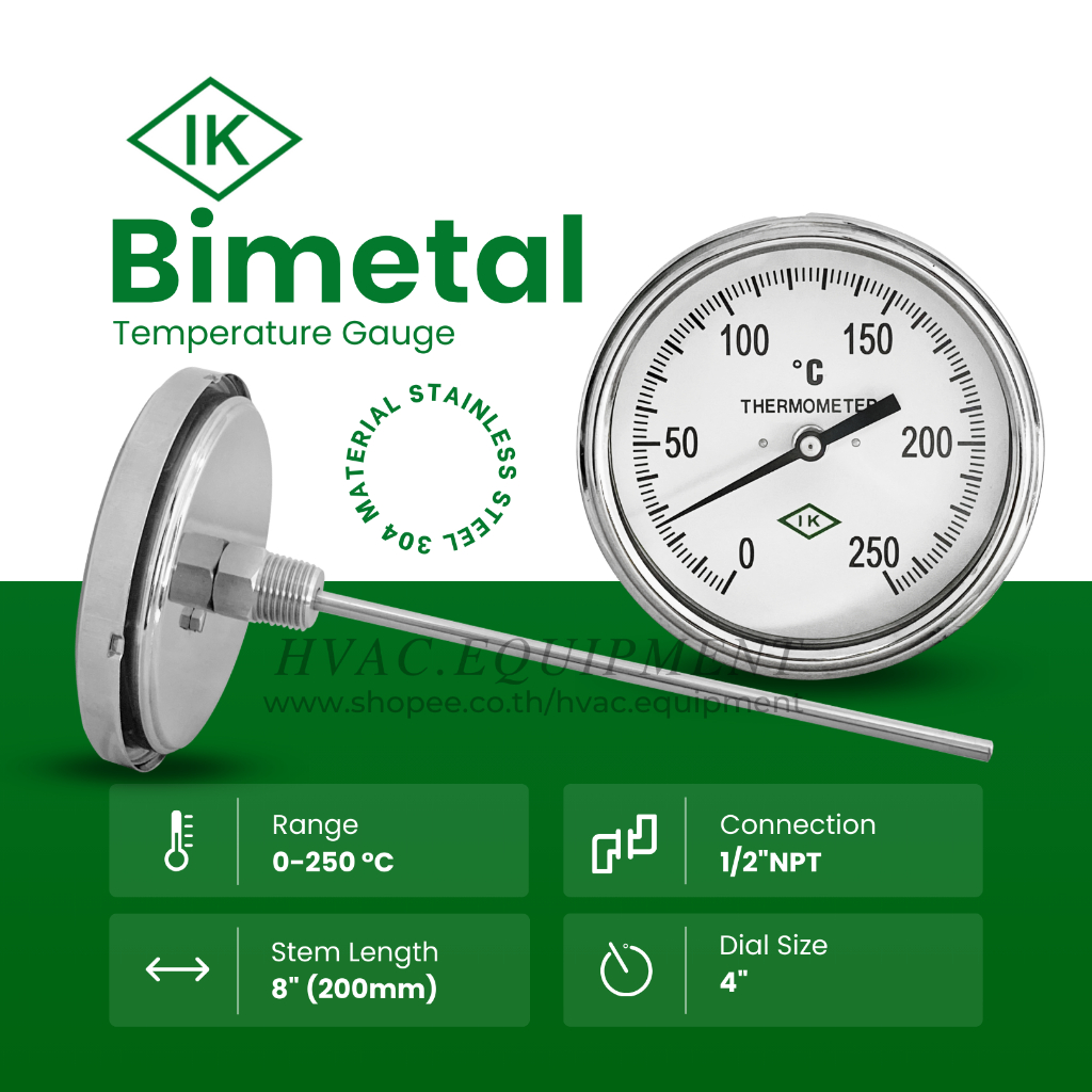 IKA (BL) Bimetal Temperature Gauge เกจวัดอุณหภูมิน้ำ, เกลียวออกหลัง, หน้าปัด 4 นิ้ว ยี่ห้อ IK