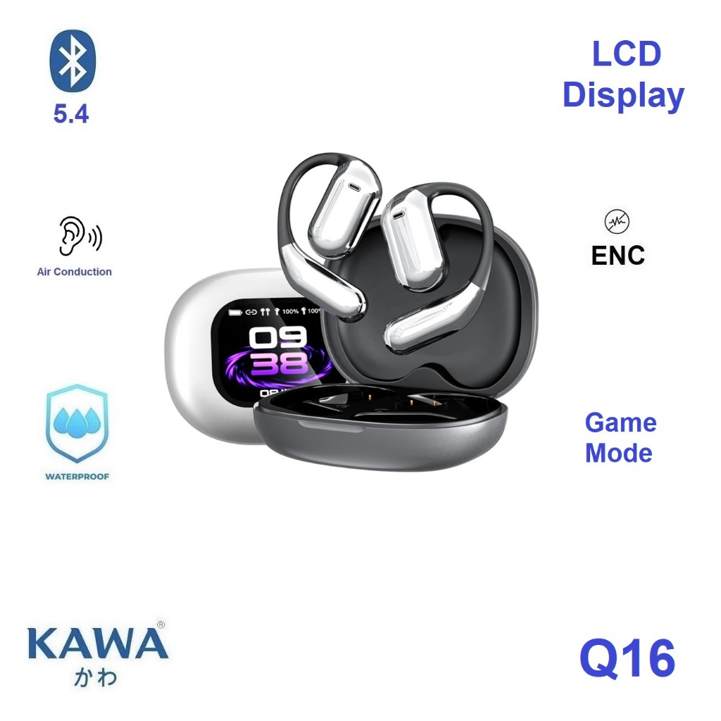 หูฟัง Ear-Clip Kawa Q16 Pro Game Mode LCD Display บลูทูธ 5.4 มาพร้อมระบบตัดเสียงรบกวน กันน้ำ หูฟังบล