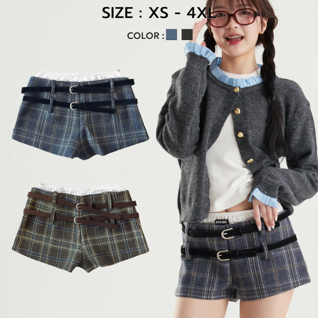 (พร้อมส่ง)Bemingshorts029(XS-4XL) - Belted check กางเกงขาสั้นลายสก๊อตสุดชิค มาพร้อมดีเทลสายเข็มขัด 2 ชั้น
