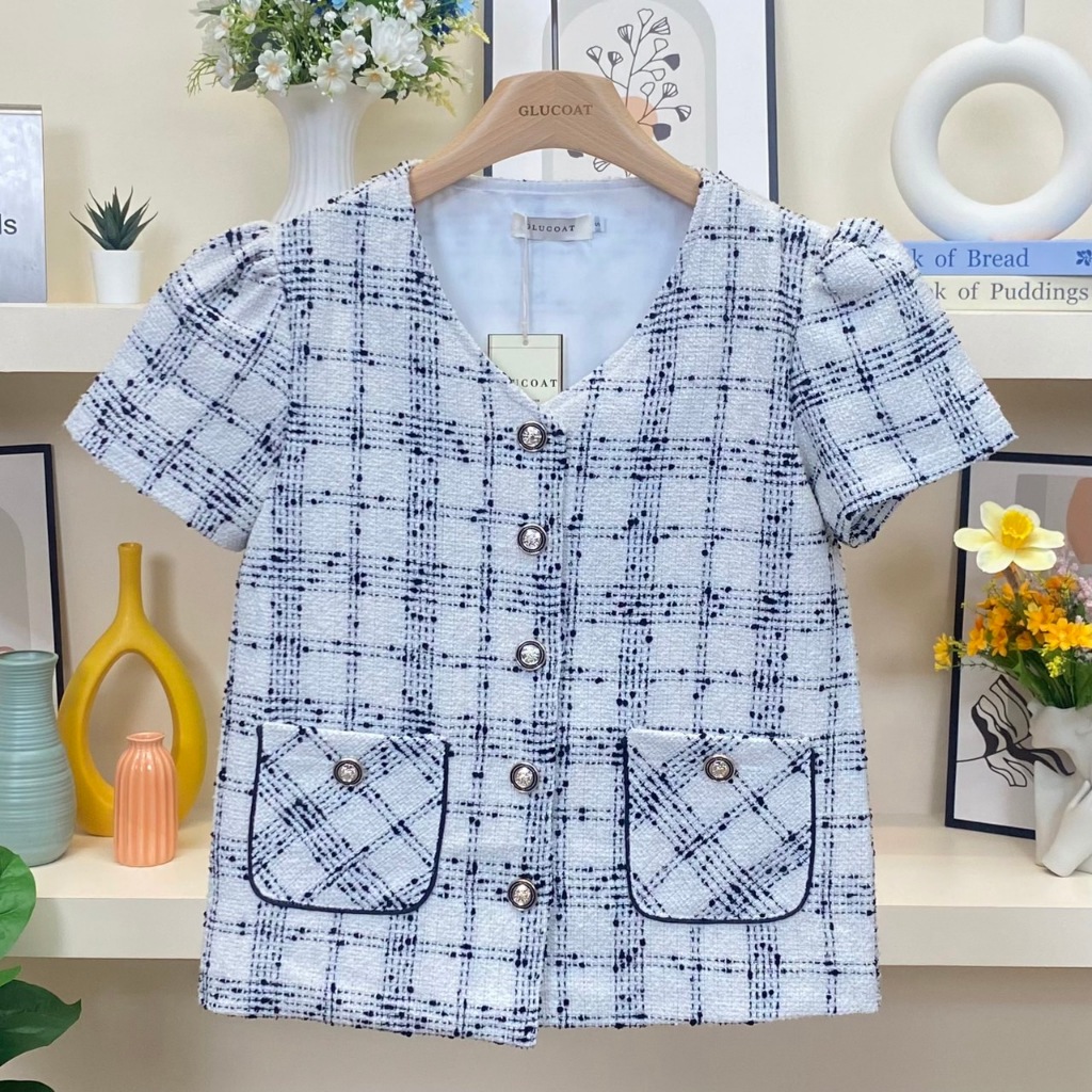 K906 เสื้อผ้าทอทวิตสีครีมตารางดำ กระดุมหน้า กระเป๋า 2 ข้าง มีซับใน