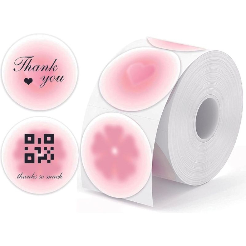 สติ๊กเกอร์ความร้อน Thermal Sticker Holographic/สีพาสเทลวงกลม สีชมพูใสเหลือบเขียวเล่นแสง ทำโลโก้ 500 ดวง