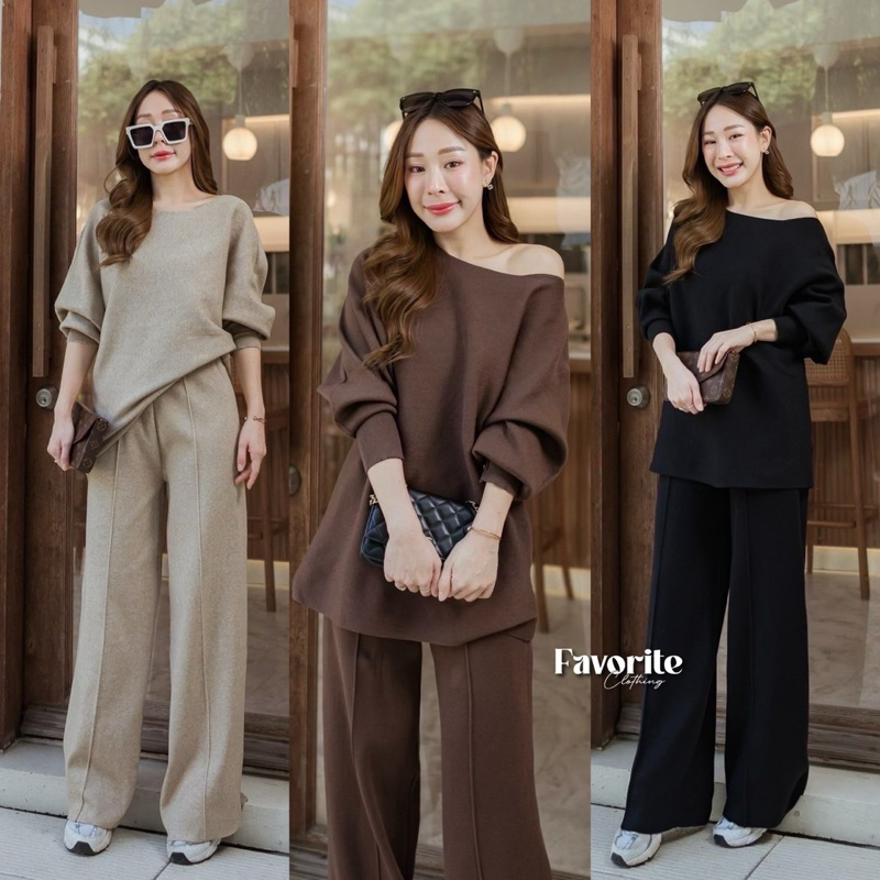 🌈🌿🌼🌺🌸🧡🤎🖤🇰🇷 Knit Boat Neck Long Sleeve Top&Long Pant Set