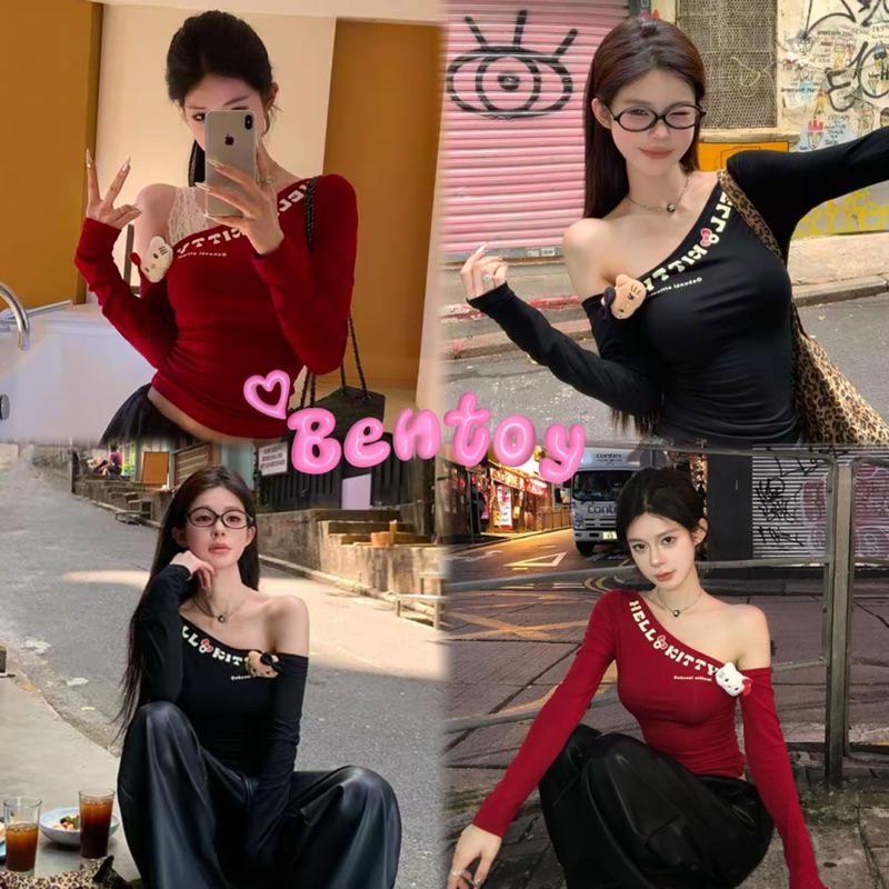 Bentoy(Q783)เสื้อยืดแขนยาวปาดไหล่ ลายพิมพ์หน้าอก แถมเข็มขัดลายการ์ตูนkt น่ารักมาก