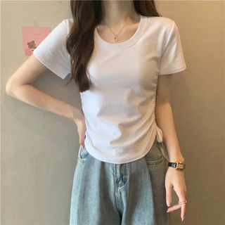 AVONE เสื้อยืด เสื้อยืดผู้หญิง แขนสั้น คอกลม มีเชือกรูดเอวด้านข้าง เสื้อแฟชั่นสีทึบเหมาะกับทุกไลฟ์สไตล์ พร้อมส่งจา N020