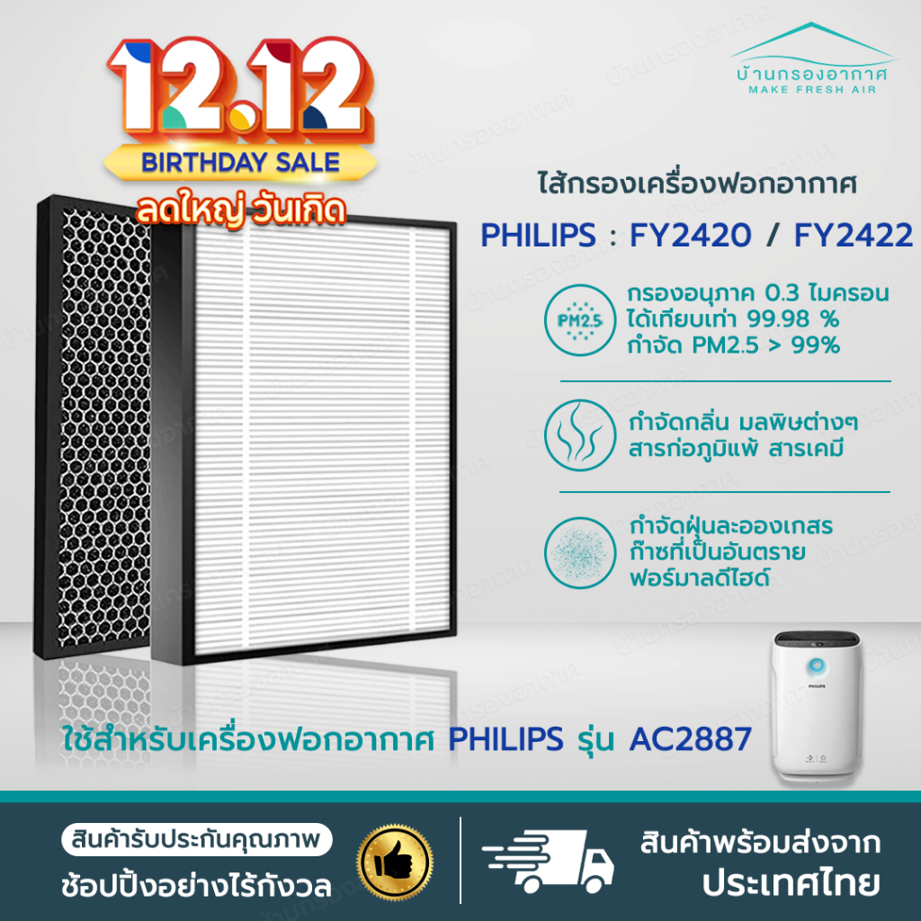 พร้อมส่ง แผ่นกรองอากาศ Philips AC2887/20 Phillips FY2422, แผ่นกรองกลิ่น FY2420 แผ่นกรอง เครื่องฟอกอากาศ Philips