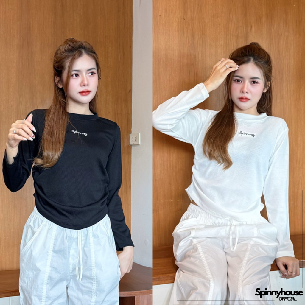 🌈SpinnyHouse🌈เสื้อยืดแขนยาว แต่งจั๊มช่วงเอว ผ้าร่องญี่ปุ่น 🎀 ผ้ายืด ปักโลโก้น่ารักสไตล์มินิมอลสุด รุ่น ร่องยาวปัก