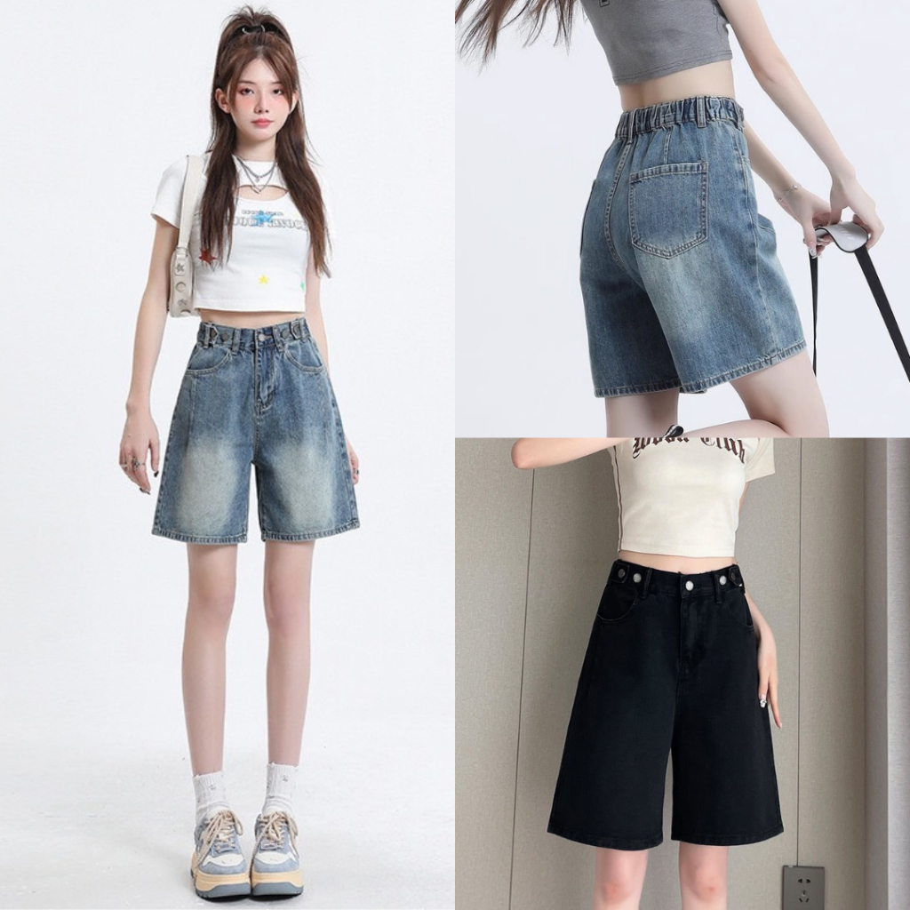 กางเกงยีนส์สามส่วน เอวปรับกระดุมหลังสม็อค ผ้ายีนส์แท้