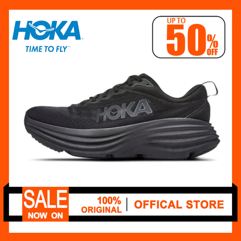 (ของแท้ 100%)HOKA Bondi 8 Black Laces Sports Running Shoes Unisex 1127955-BBLC