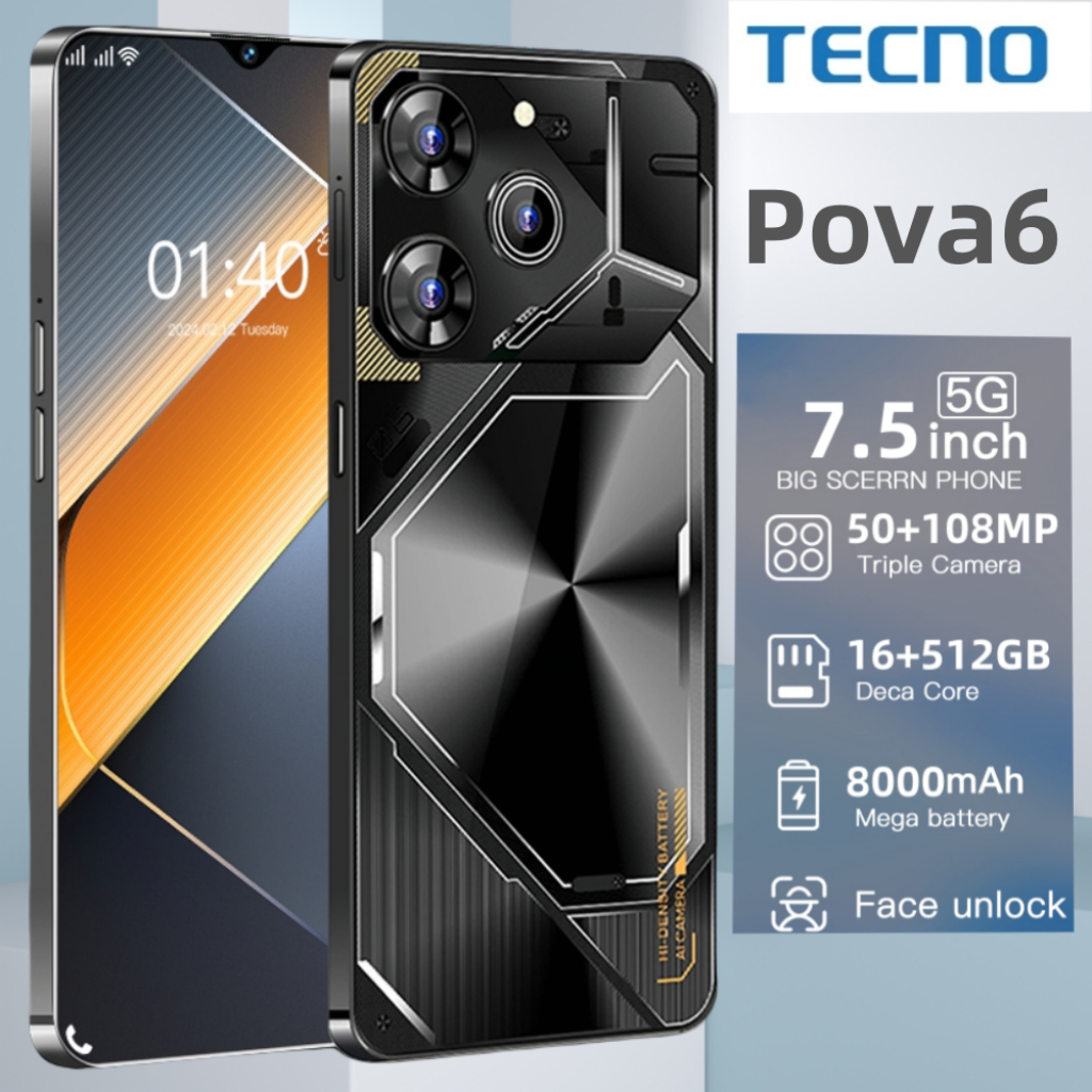Smartphone POVA6 16GB RAM+512GB ROM 7.5inch full screen 8000mAh battery support 2 SIM card support bank APP cheap phone