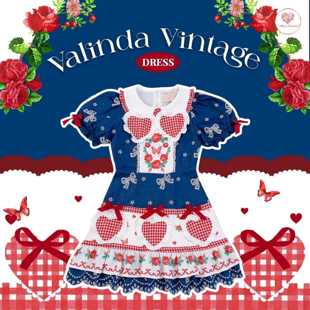 (มี2XL) Maria Diamond ยีนส์ Valinda Vintage Dress เดรสสั้นผ้ายีนส์เนื้อนิ่มปักลายโบว์ ตัดต่อผ้าสก็อตปกหัวใจ กระโปรงระบาย