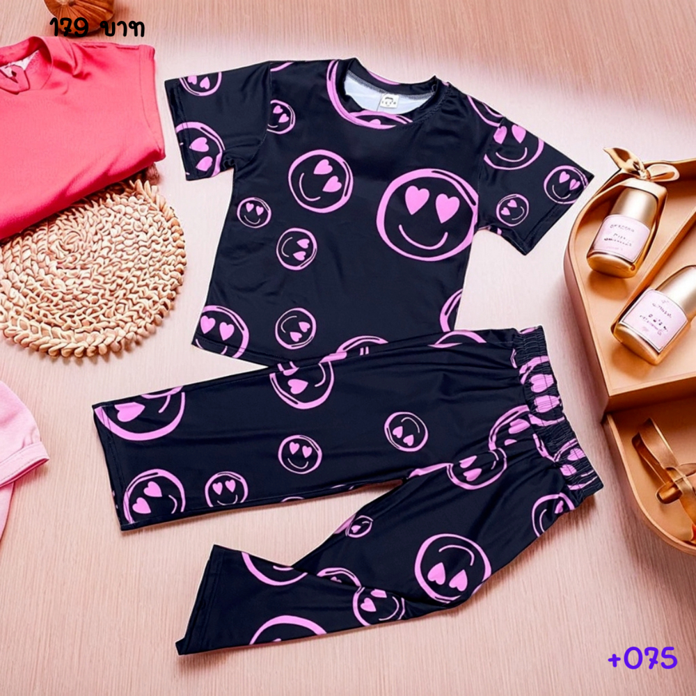 +075 ชุดเซตดำลายยิ้มชมพู เสื้อ+กางเกงขายาว