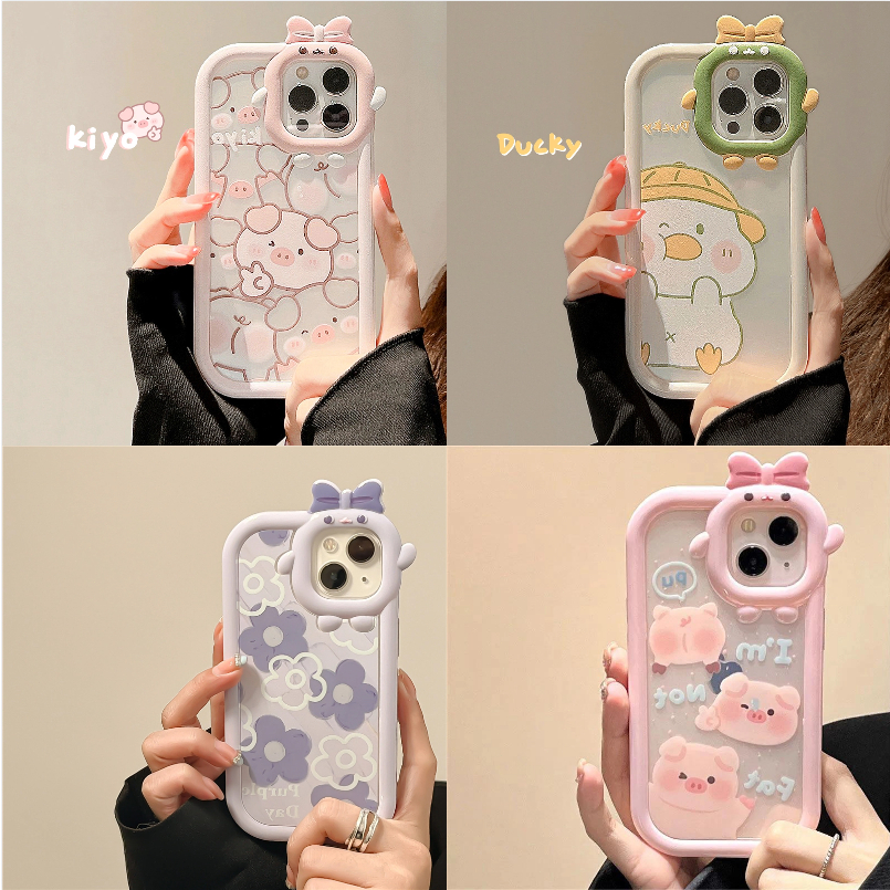 Case for iPhone 11 12 13 14 15 Pro Max 6 7 8 Plus X/XS Max SE ลายการ์ตูนมอนสเตอร์ ประดับโบว์ เคสเคลือบนิ่ม