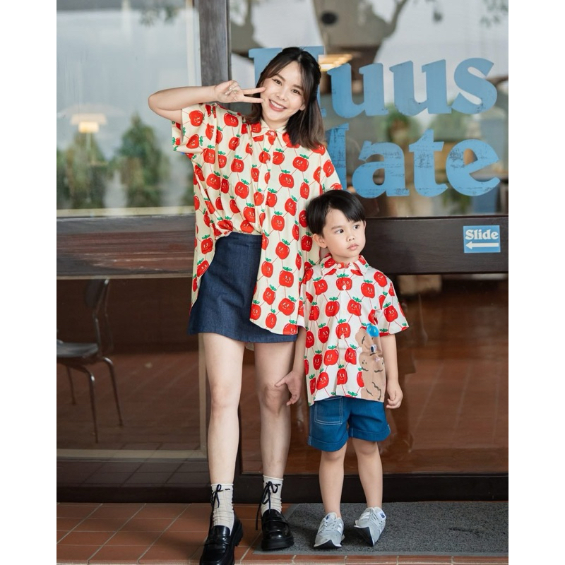 Tilly Milly NEW เชิ้ต ลายแอปเปิ้ล ลูกชาย 3T 6T เสื้อคู่แม่ลูก