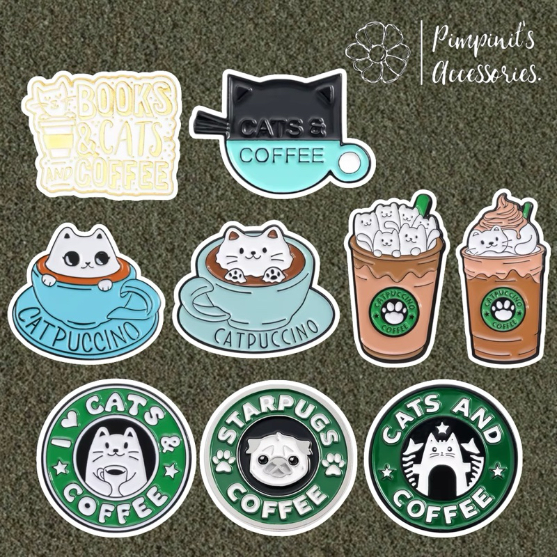ร้านในไทยพร้อมส่ง : เข็มกลัดเซ็ทสุนัข,แมวและแก้วกาแฟ | Dog, Cat & Coffee Cup Enamel Brooch Pin Set.