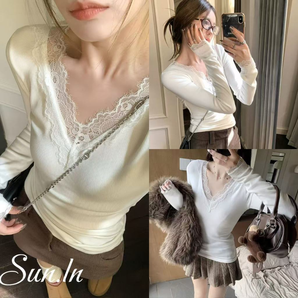 SUN พร้อมส่ง ความหื่นบริสุทธิ์ สุดฮอตเซ็กซี่ คอวีด้านบนสีขาว โชว์เสื้อลูกไม้ด้านล่าง