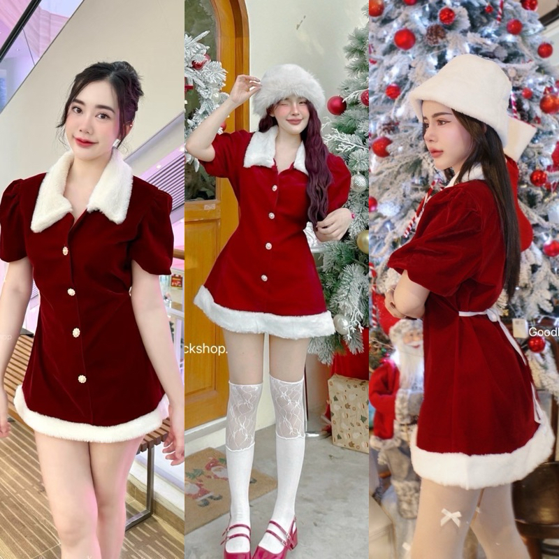 Teera พร้อมส่ง มินิเดรสแซนตี้แสนซน ลุคแบบคุณหนูคุณใจ เพิ่มความวิ้งๆบนชุดด้วยกระดุมมุกเพชร คริสมาสต์ christmas goodluck