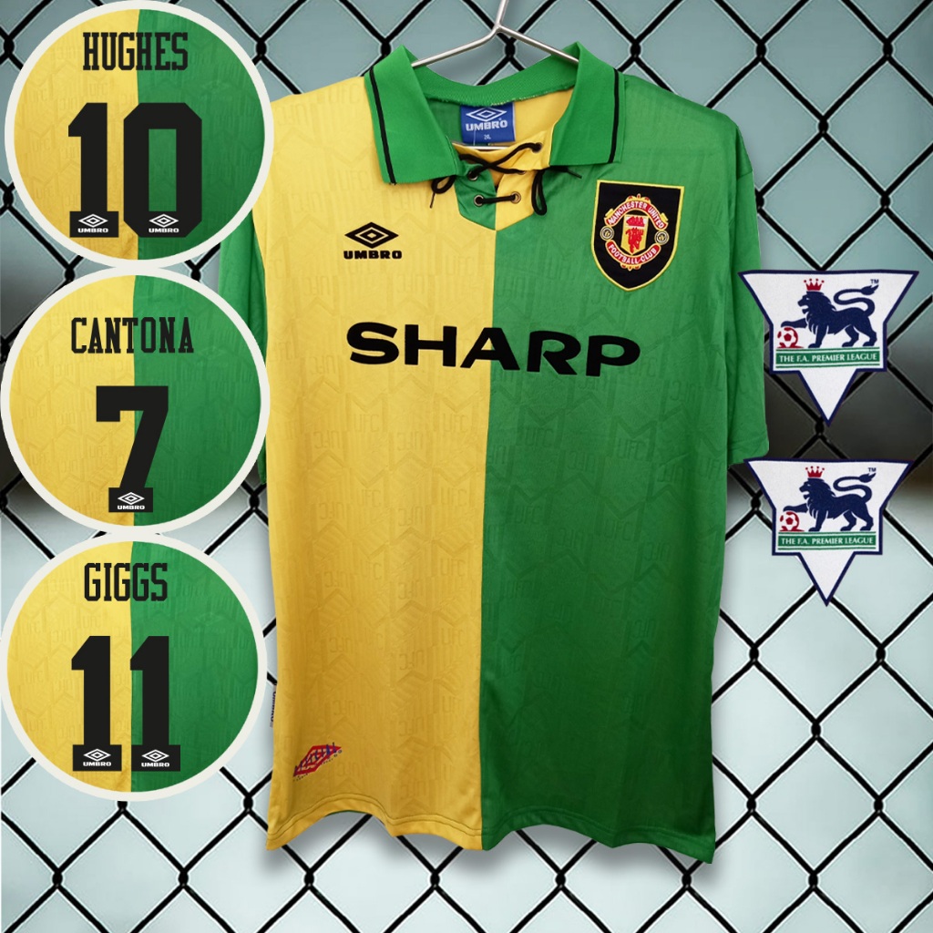 เสื้อฟุตบอลย้อนยุคทีม แมนยู เหย้า สีเหลืองเขียว รุ่นปี1992-94 RT053 รับทำชื่อเบอร์ ไซส์เอเชีย S-2XL